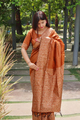 Tan Orange Banarasi Raw Silk Saree