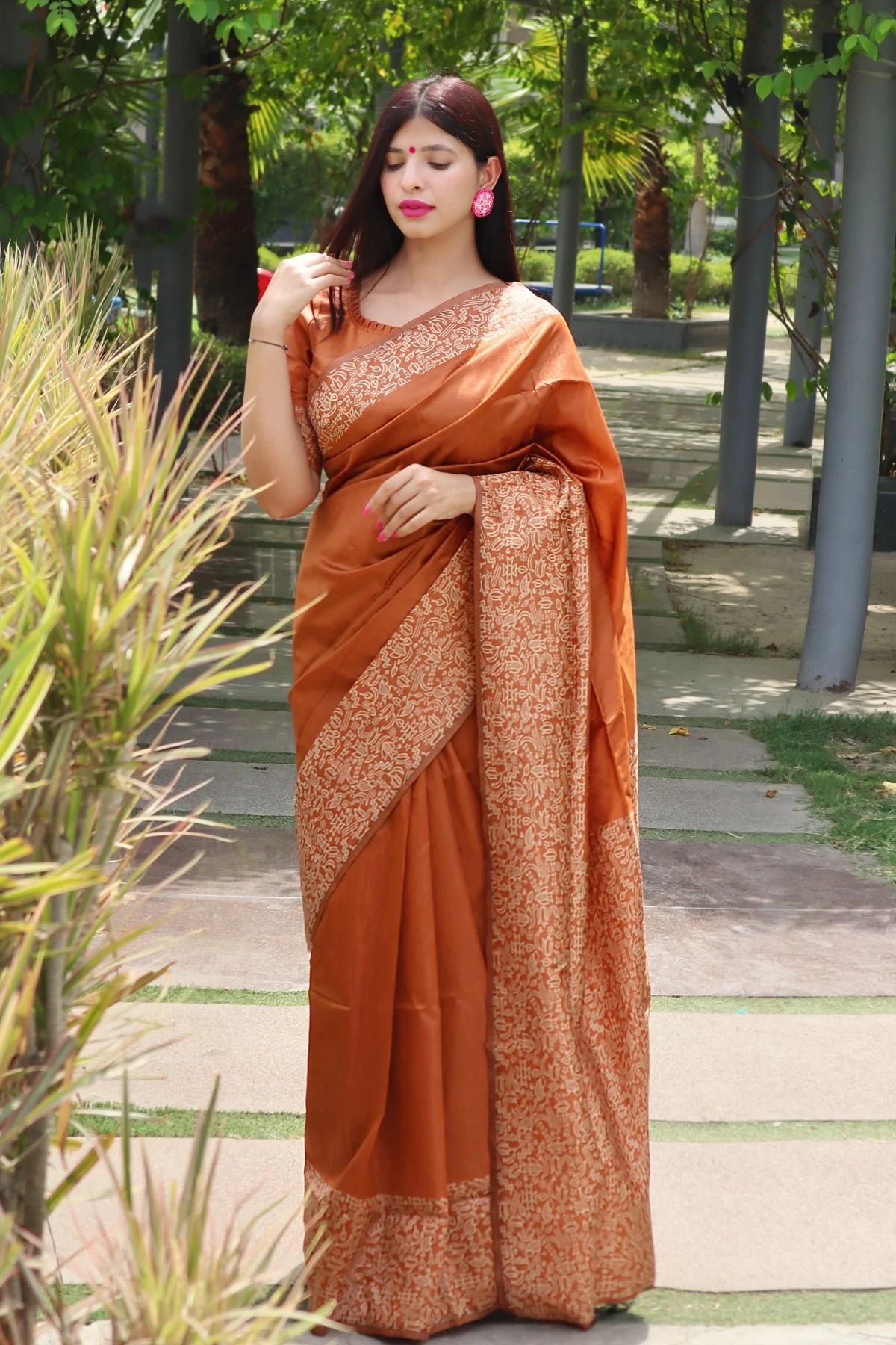 MySilkLove Tan Orange Banarasi Raw Silk Saree