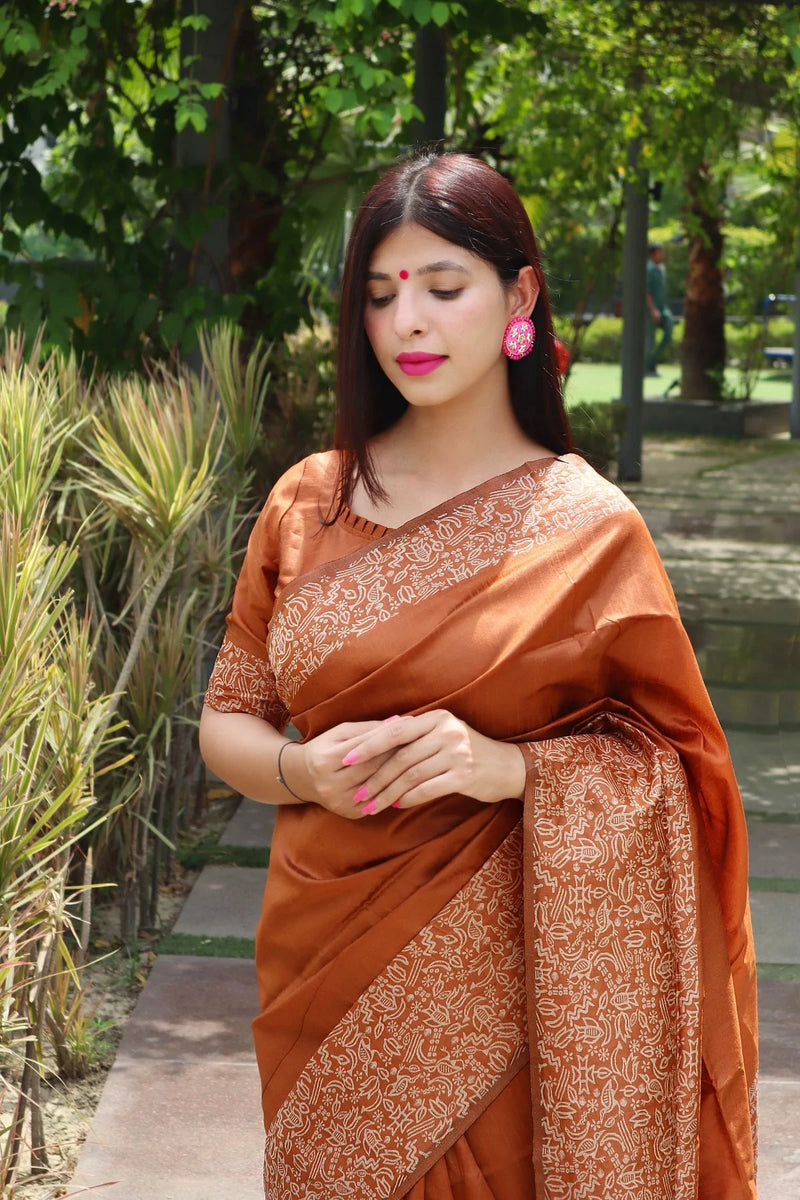Tan Orange Banarasi Raw Silk Saree