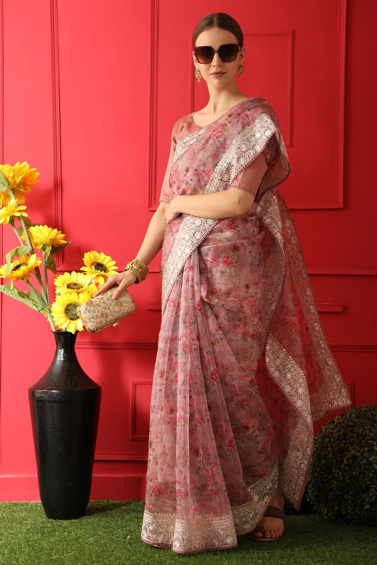 Buy MySilkLove Turkish Rose Pink Woven organza Silk Saree Online