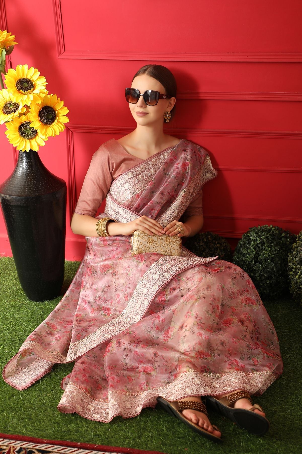 MySilkLove Turkish Rose Pink Woven organza Silk Saree