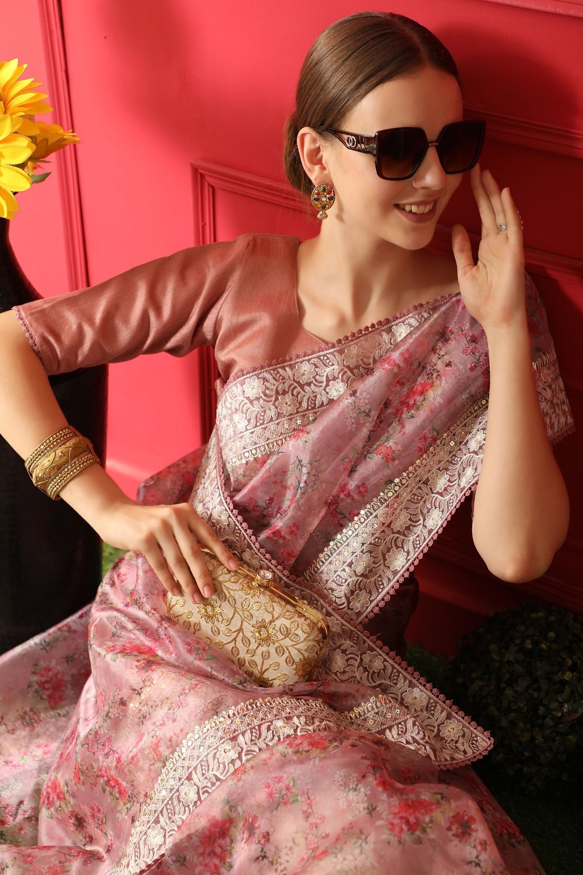 Buy MySilkLove Turkish Rose Pink Woven organza Silk Saree Online