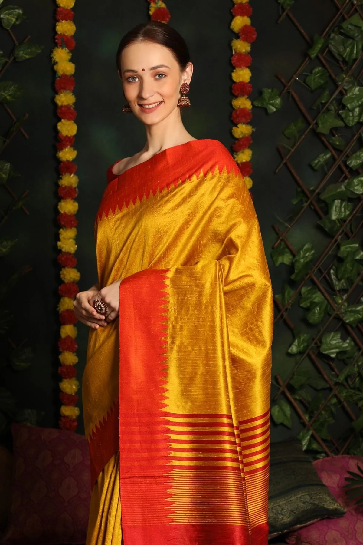 MySilkLove Buttercup Yellow and Red Bhagalpuri Raw Silk Saree