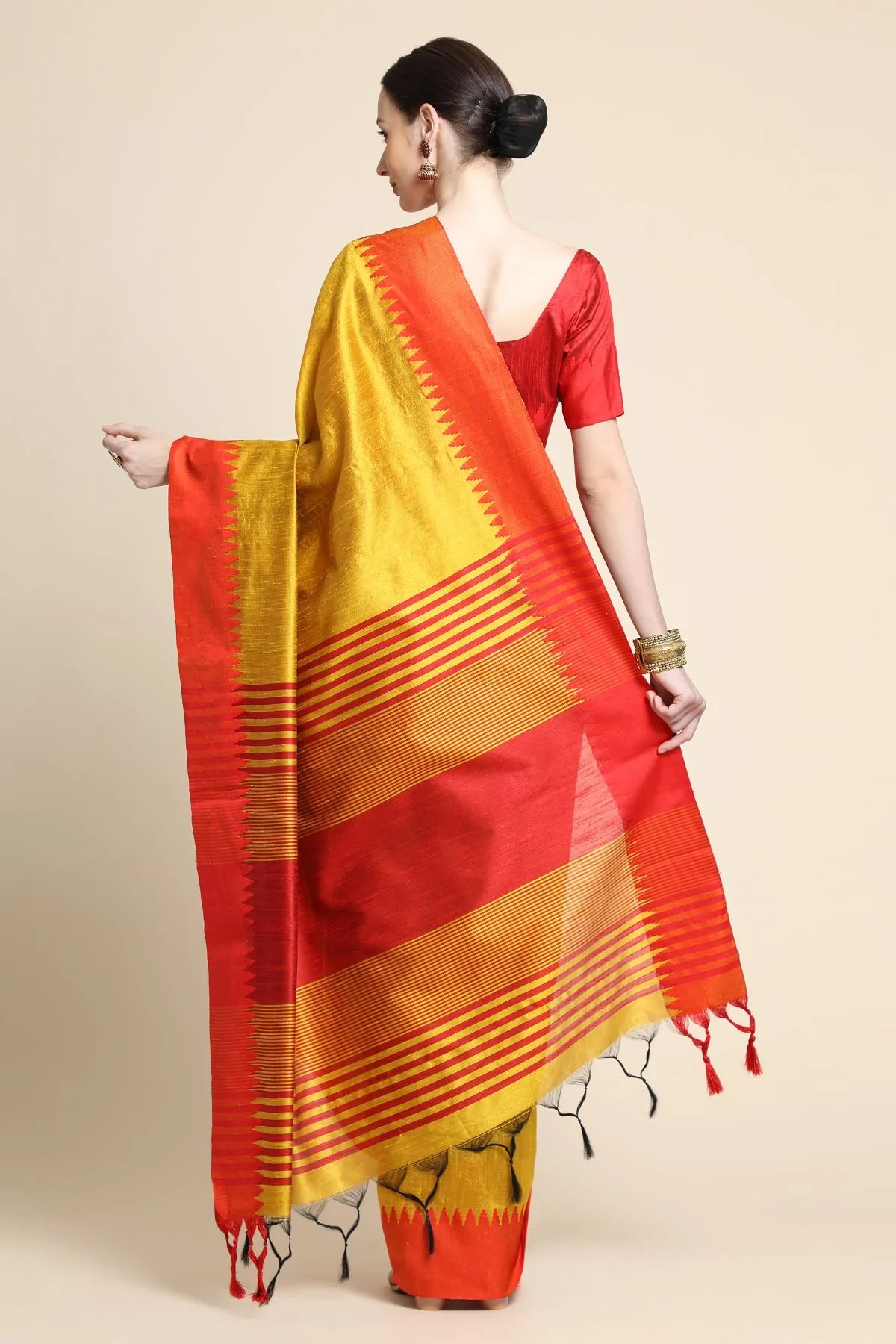 Buy MySilkLove Buttercup Yellow and Red Bhagalpuri Raw Silk Saree Online