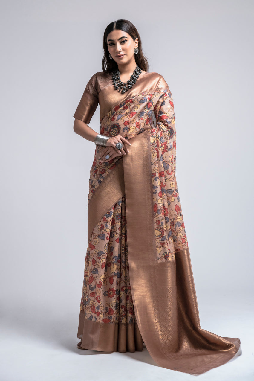 Buy MySilkLove Tumbleweed Brown Digital Printed Kalamkari Saree Online