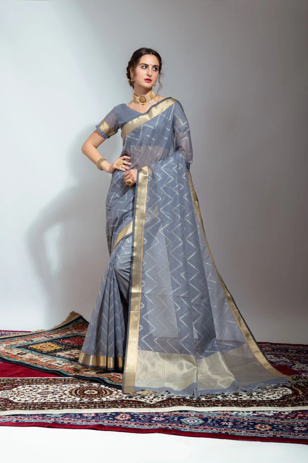 Buy MySilkLove Regent Gray Green Zari Woven Linen Silk Saree Online
