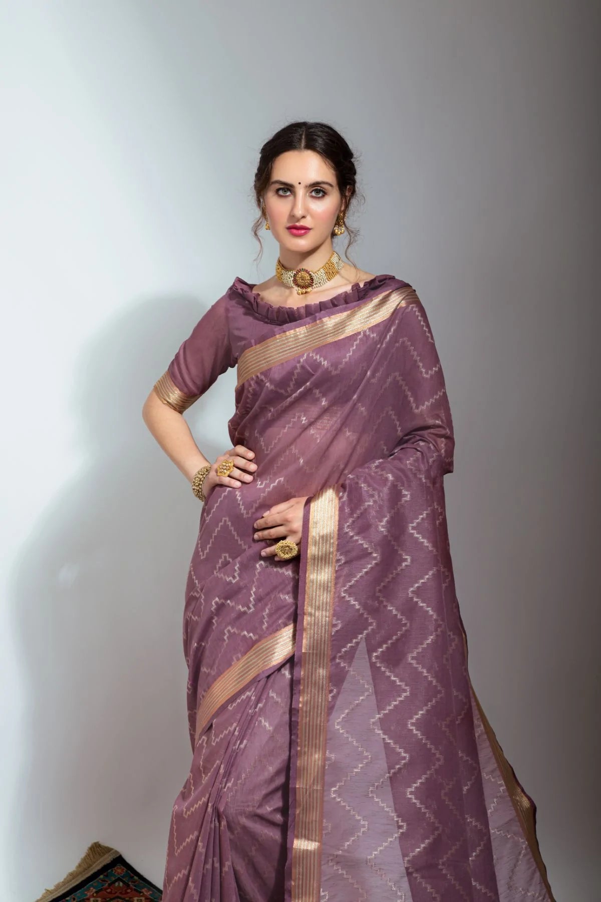 Buy MySilkLove Copper Rose Purple Zari Woven Linen Silk Saree Online