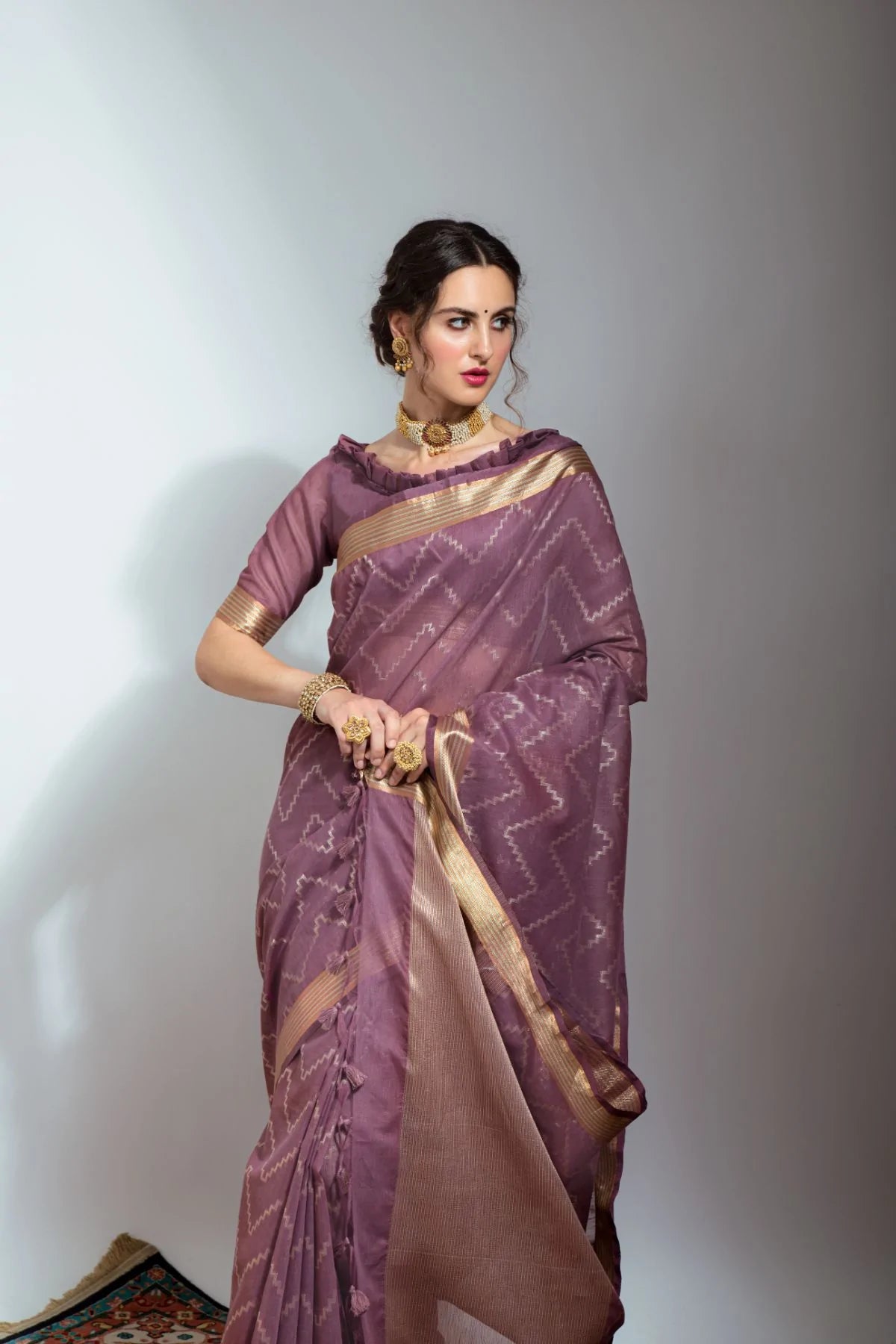Buy MySilkLove Copper Rose Purple Zari Woven Linen Silk Saree Online