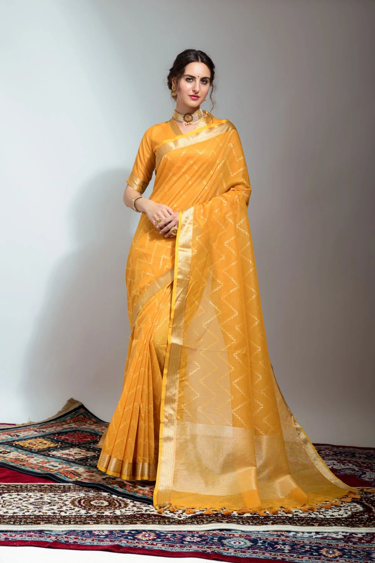 Buy MySilkLove Sunglow Yellow Zari Woven Linen Silk Saree Online