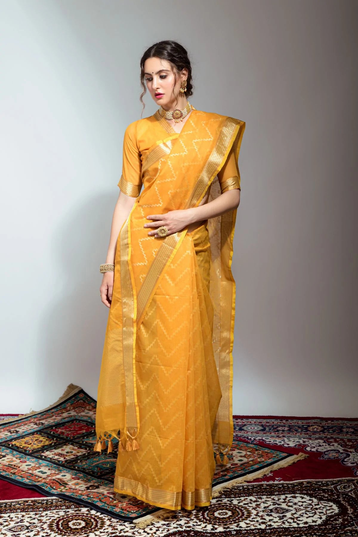 Buy MySilkLove Sunglow Yellow Zari Woven Linen Silk Saree Online