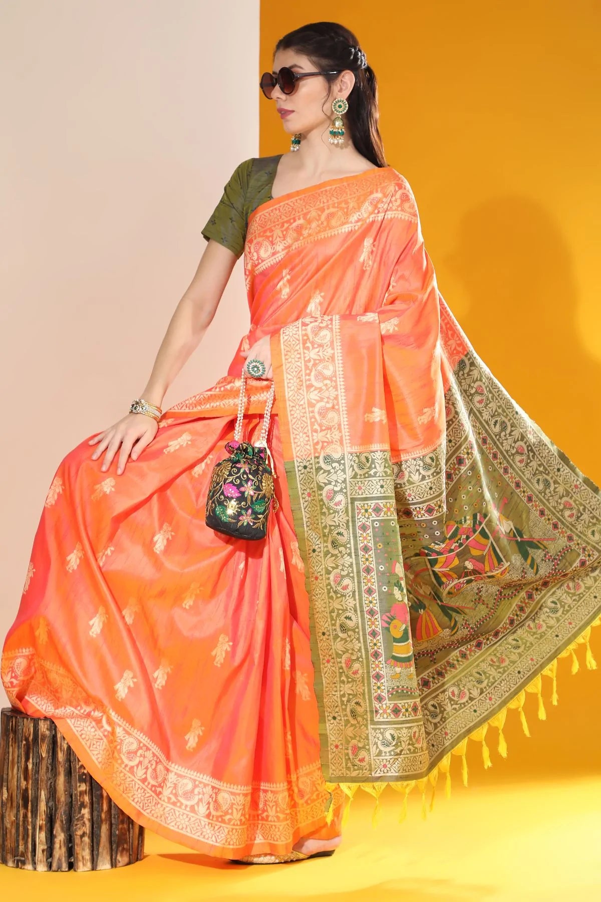 Buy MySilkLove Tan Hide Orange Banarasi Raw Silk Woven Saree Online