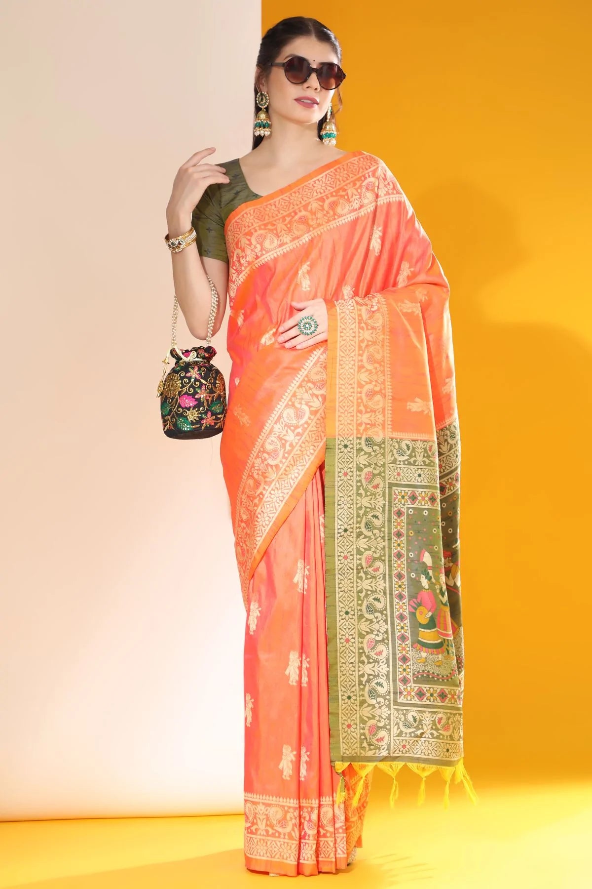 Buy MySilkLove Tan Hide Orange Banarasi Raw Silk Woven Saree Online