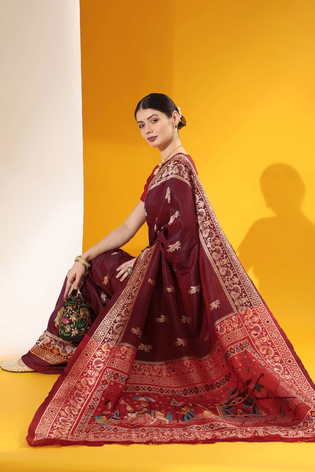 Buy MySilkLove Tawny Port Maroon Banarasi Raw Silk Woven Saree Online