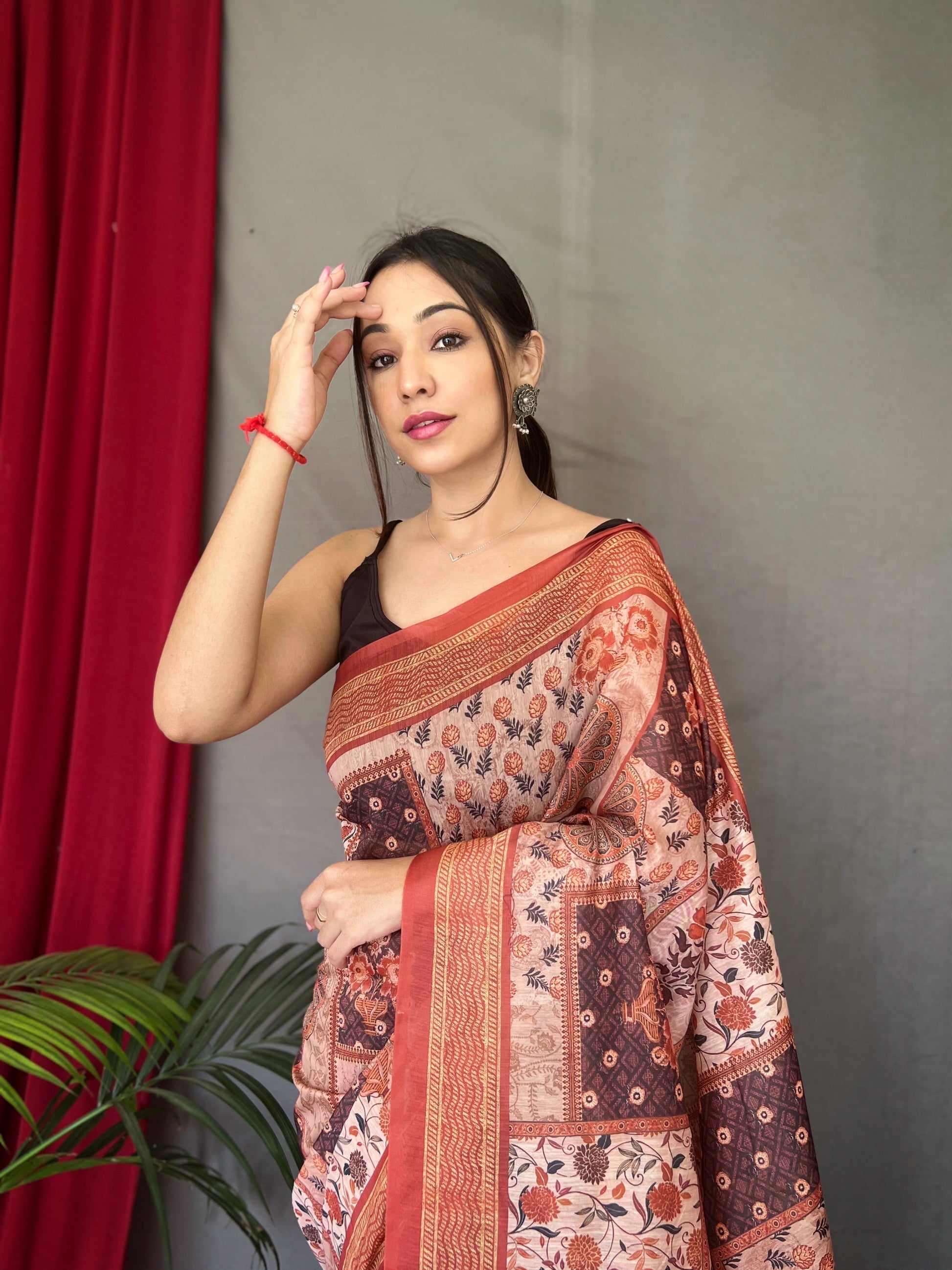 Buy MySilkLove Cameo Brown Cotton Printed Kalamkari Silk Saree Online