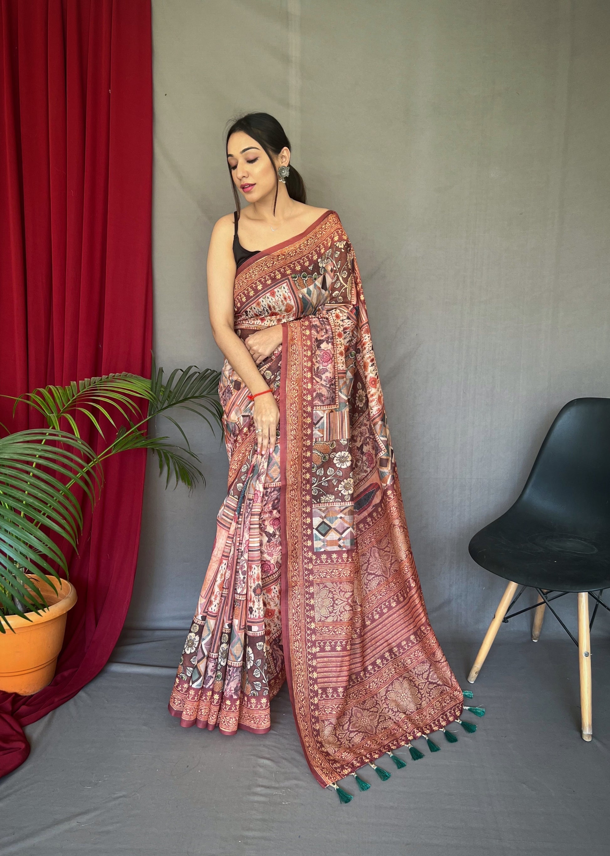 Buy MySilkLove Copper Penny Brown Cotton Printed Kalamkari Silk Saree Online