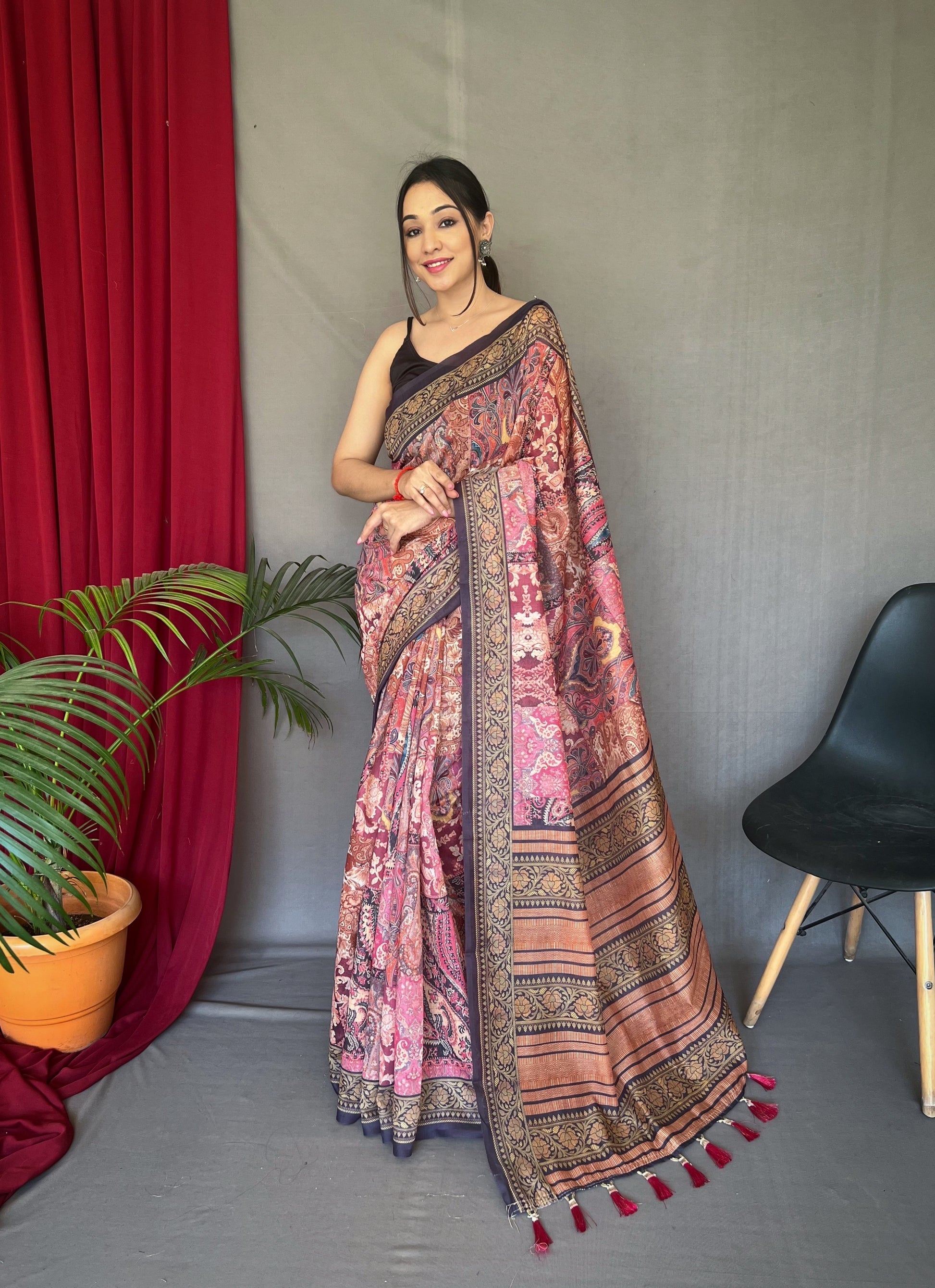 Buy MySilkLove Lavender Pink Cotton Printed Kalamkari Silk Saree Online