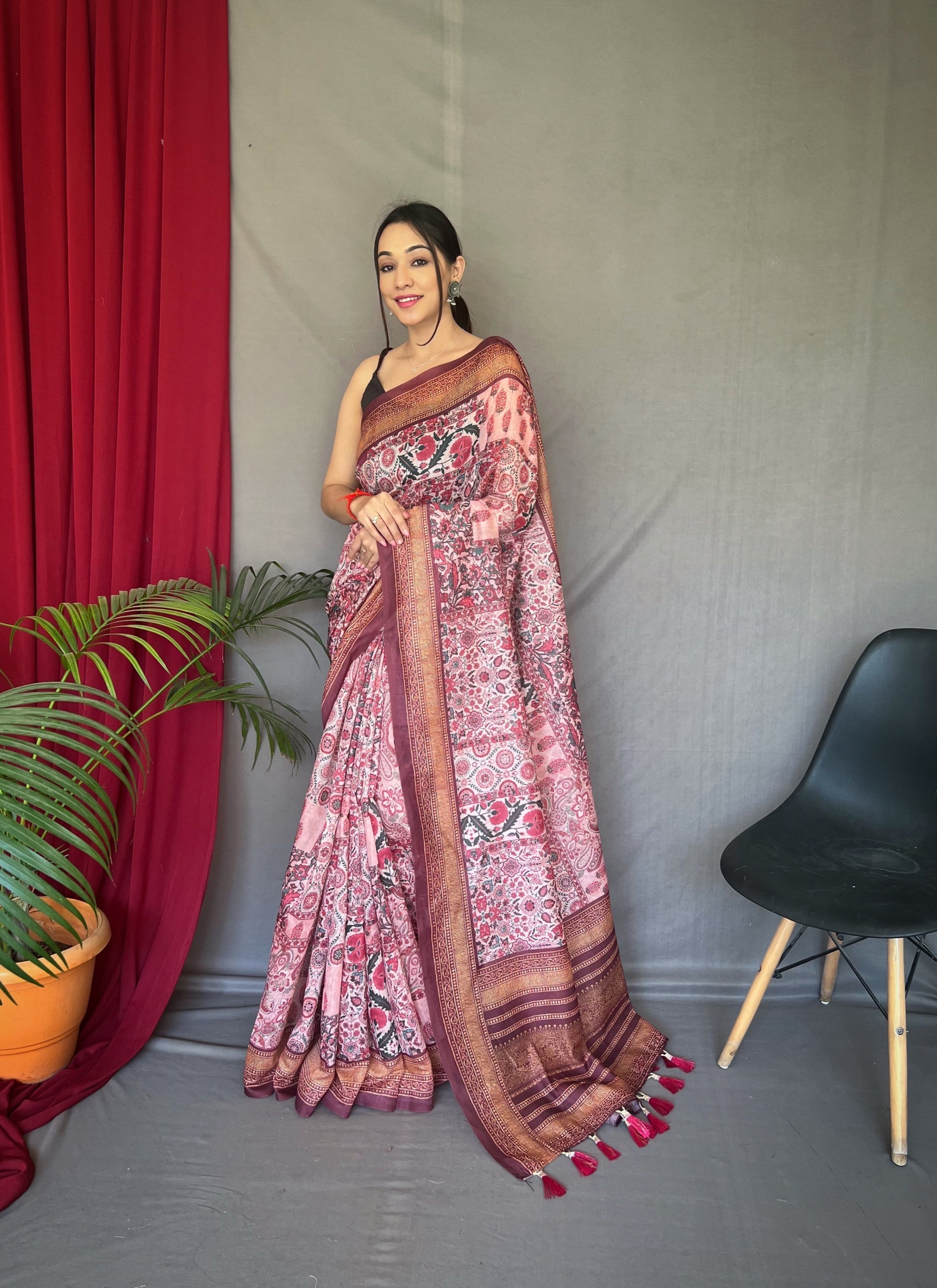 MySilkLove Tickle Pink Cotton Printed Kalamkari Silk Saree