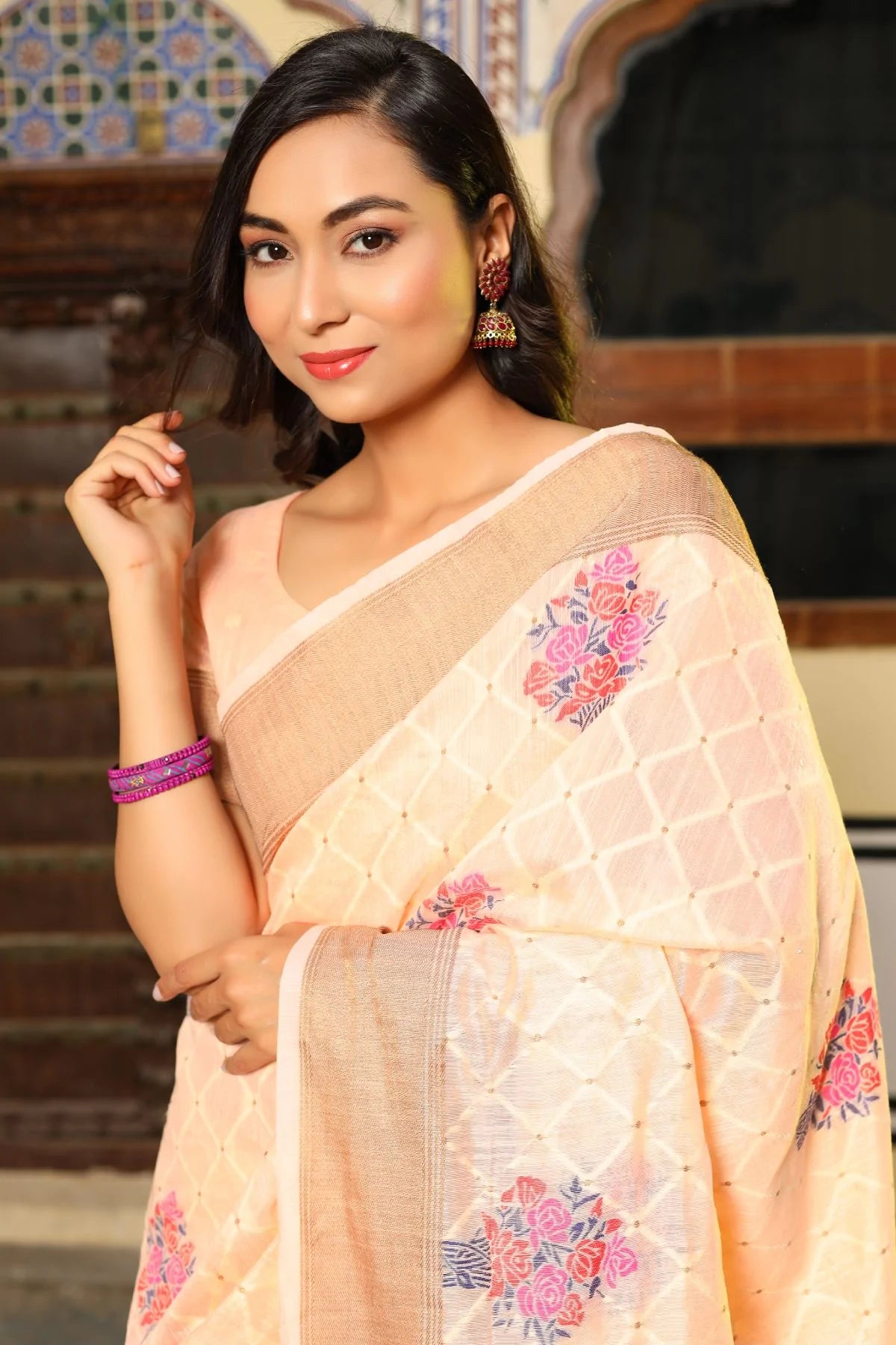 Buy MySilkLove Tequila Peach Zari Woven Linen Saree Online