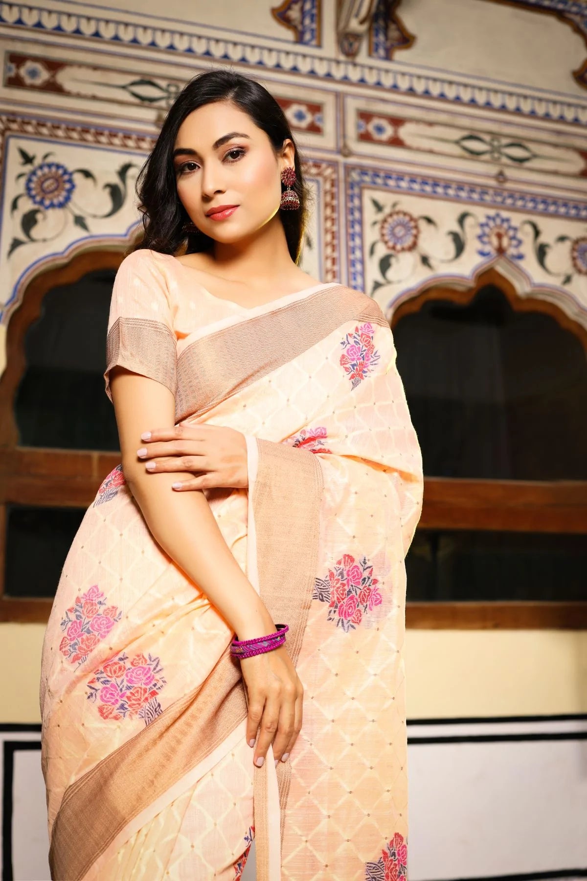 Buy MySilkLove Tequila Peach Zari Woven Linen Saree Online