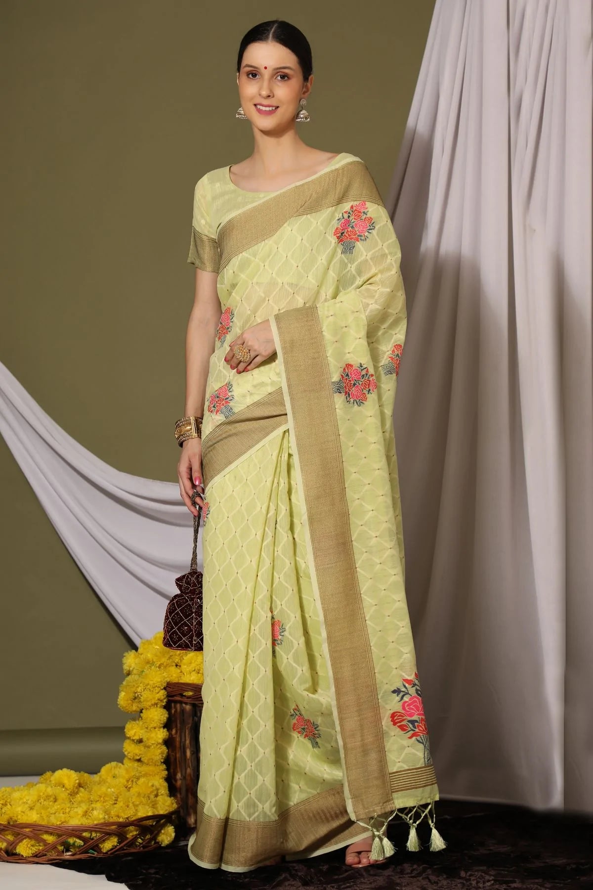 Buy MySilkLove Willow Pista Zari Woven Linen Saree Online