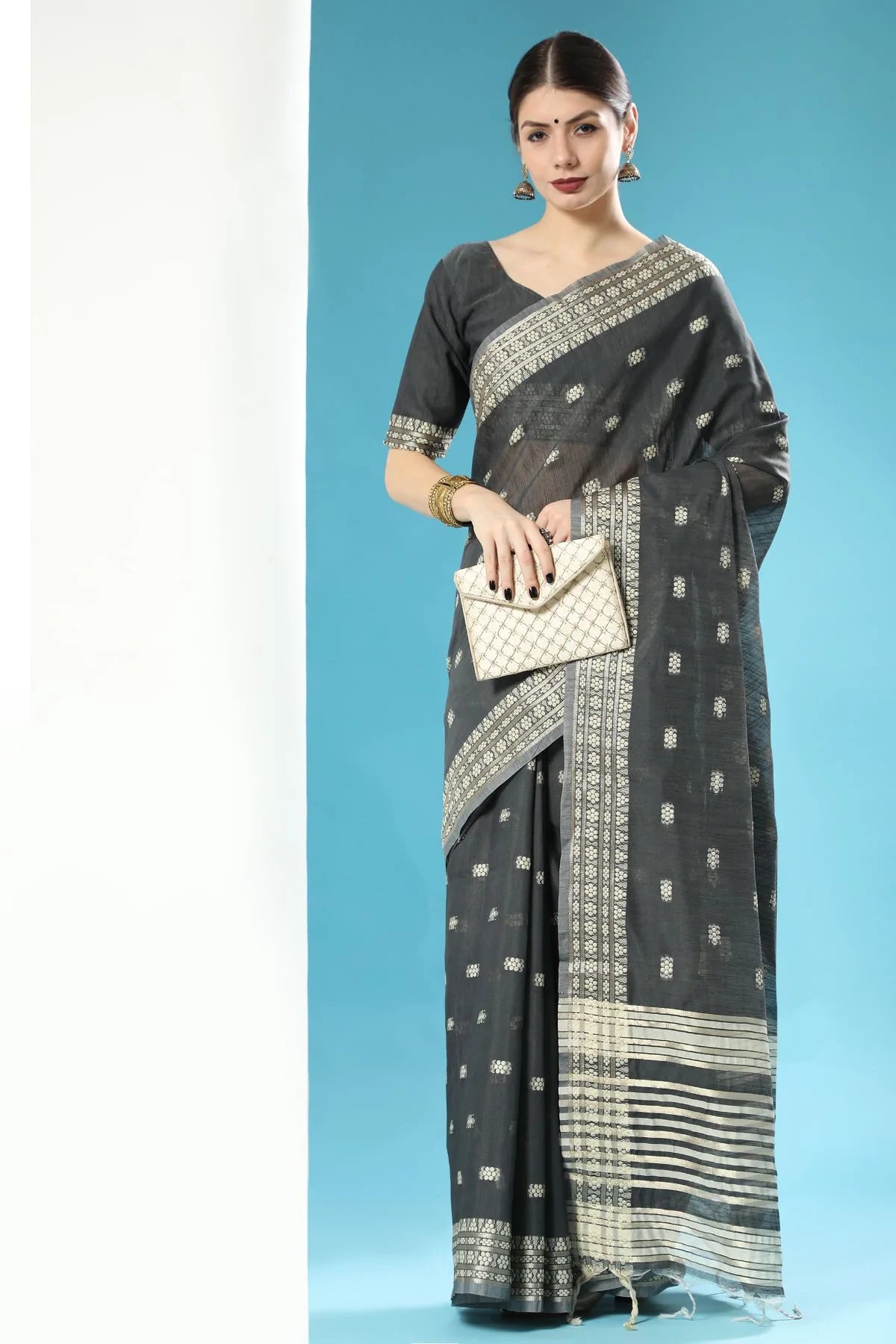 Buy MySilkLove Dune Black Lucknowi Cotton Saree Online
