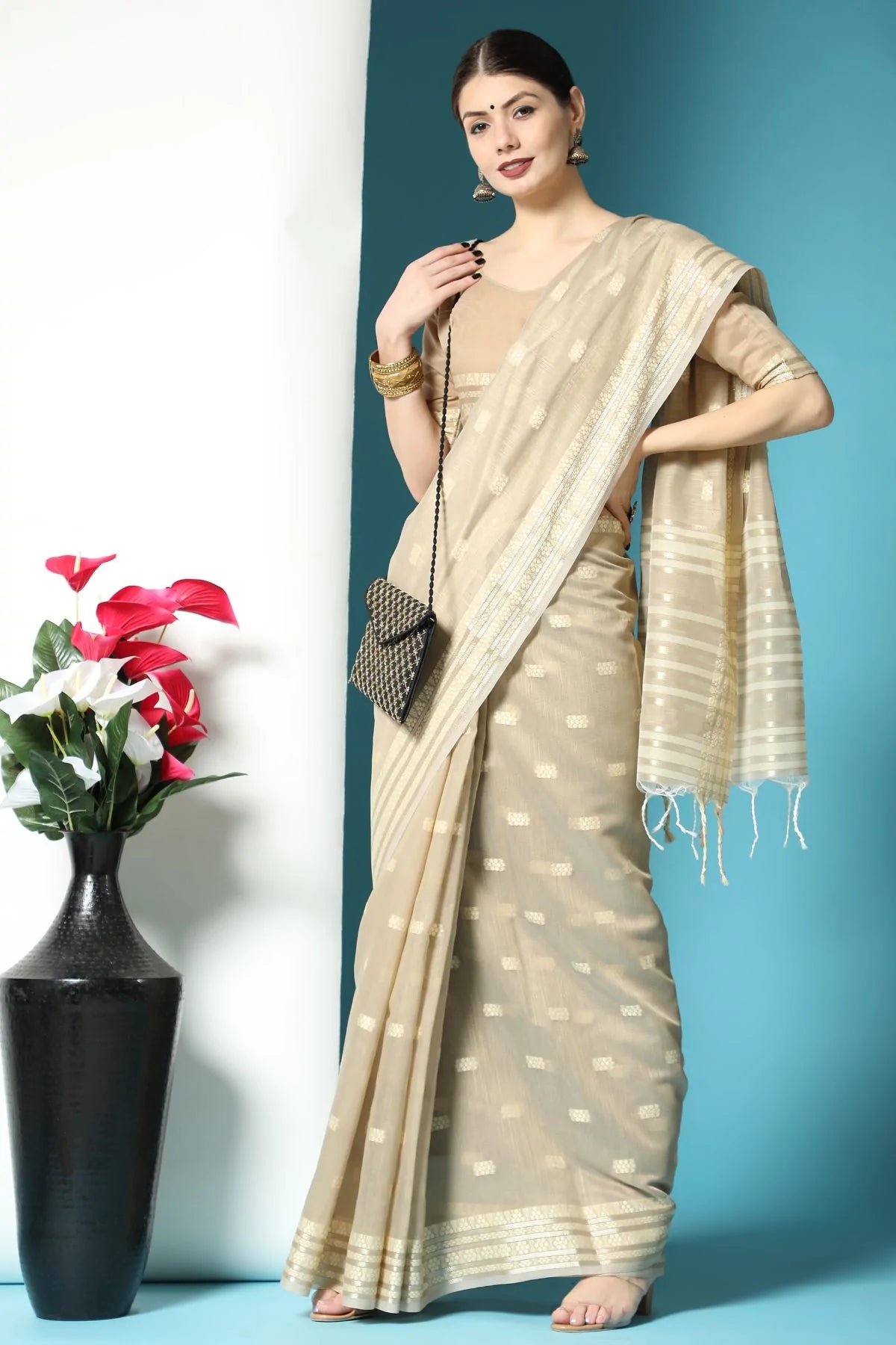 Buy MySilkLove Janna Cream Lucknowi Cotton Saree Online
