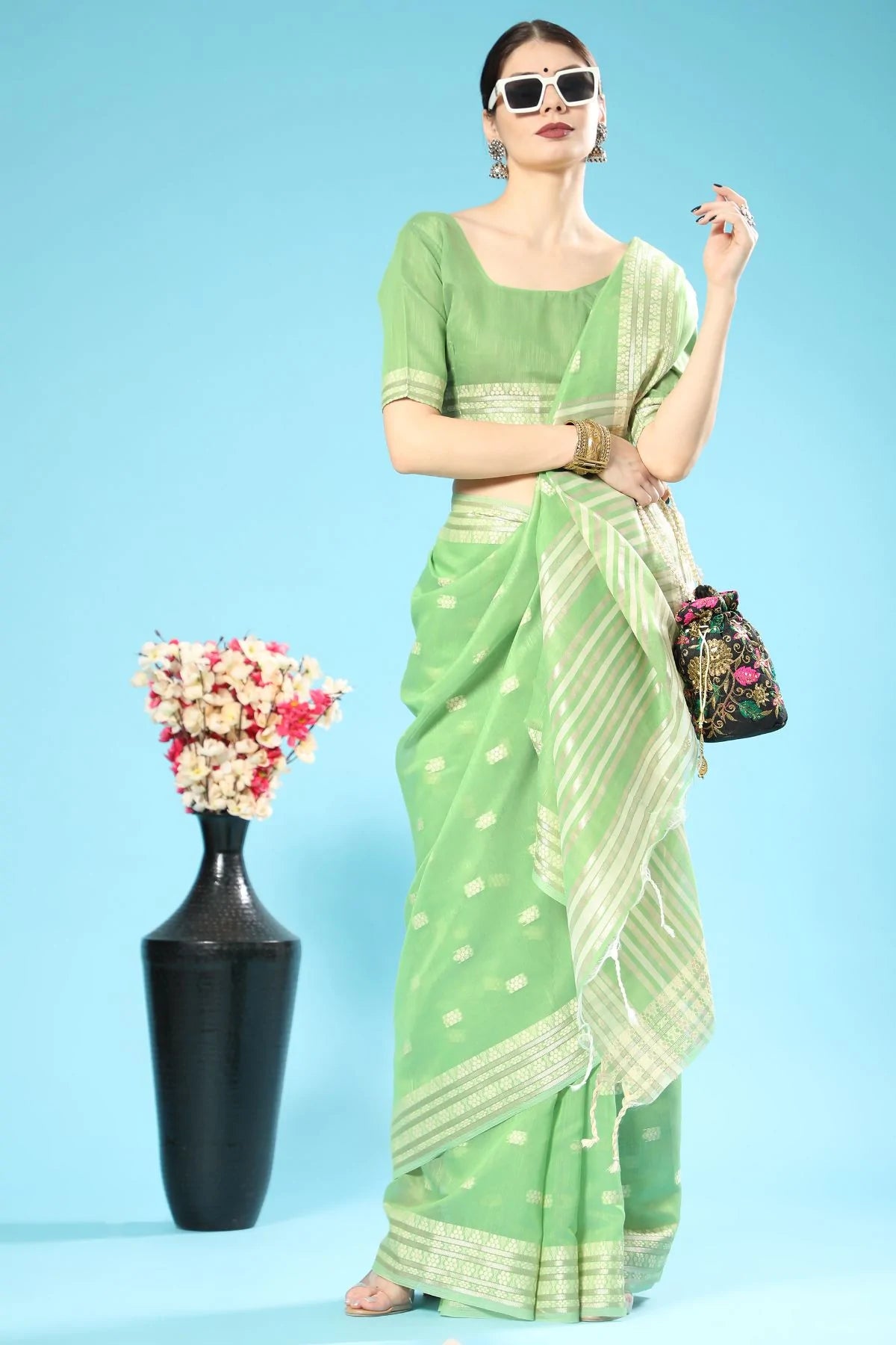 Buy MySilkLove Algae Green Lucknowi Cotton Saree Online
