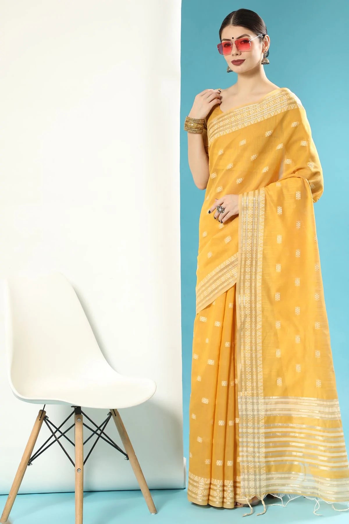 Buy MySilkLove Mustard Yellow Lucknowi Cotton Saree Online