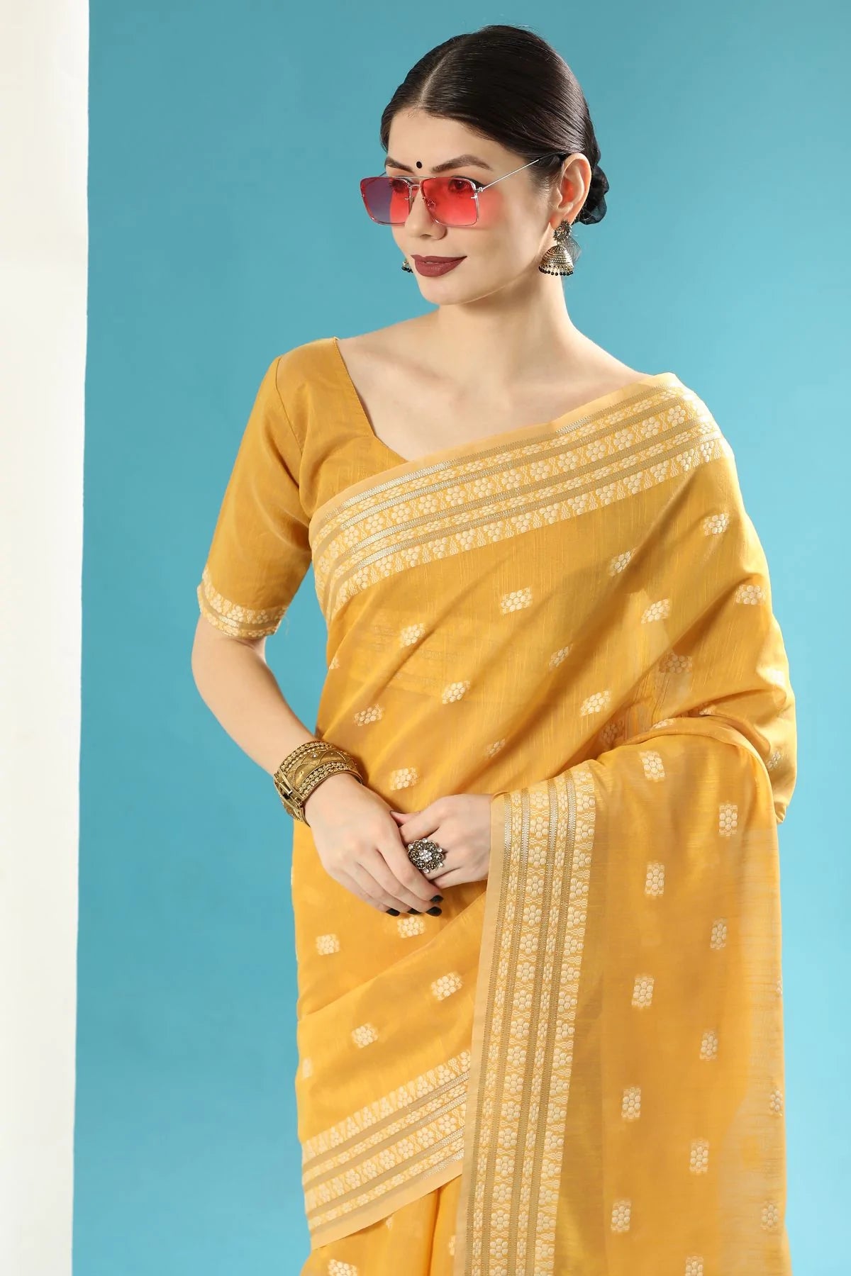 MySilkLove Mustard Yellow Lucknowi Cotton Saree