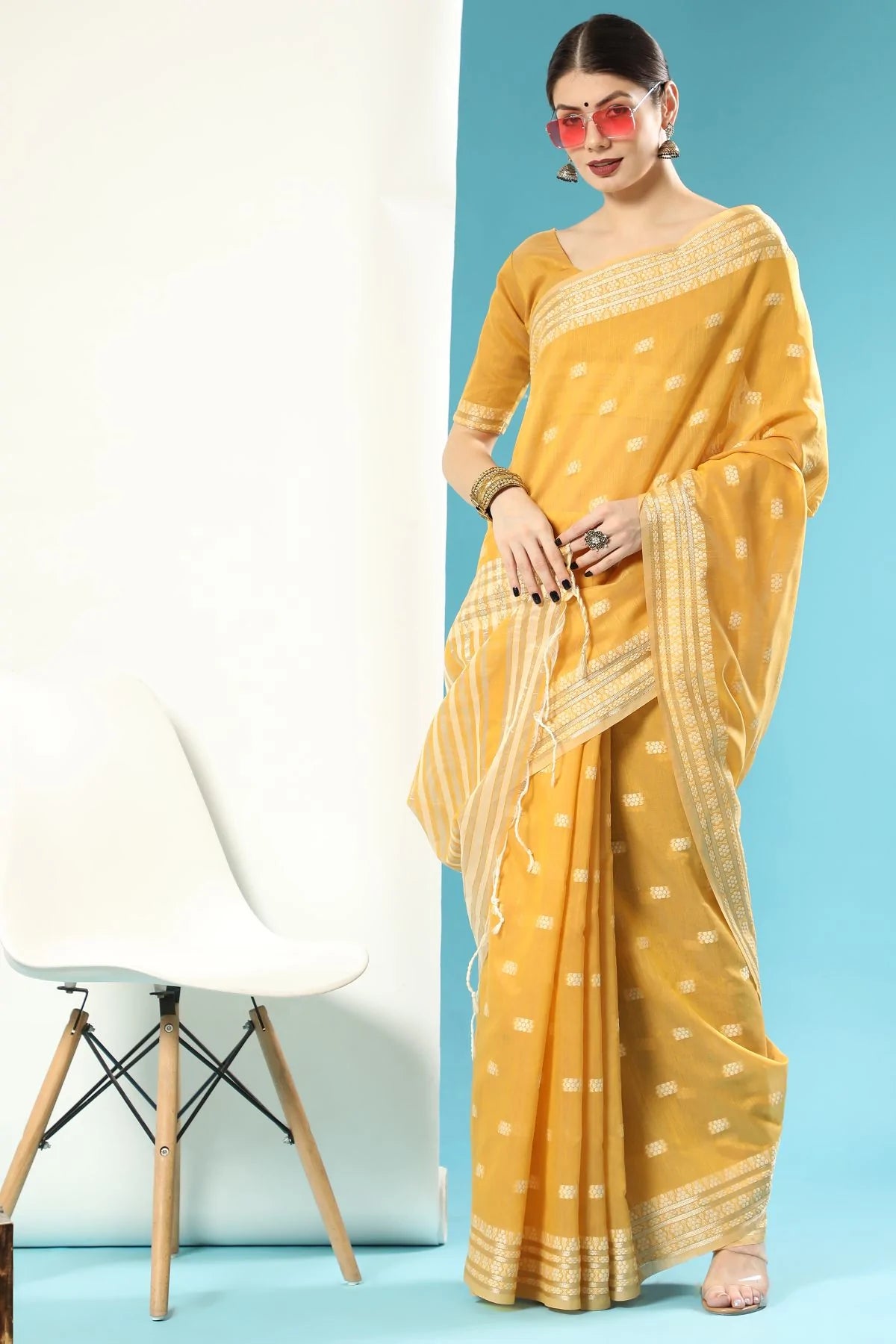 Buy MySilkLove Mustard Yellow Lucknowi Cotton Saree Online