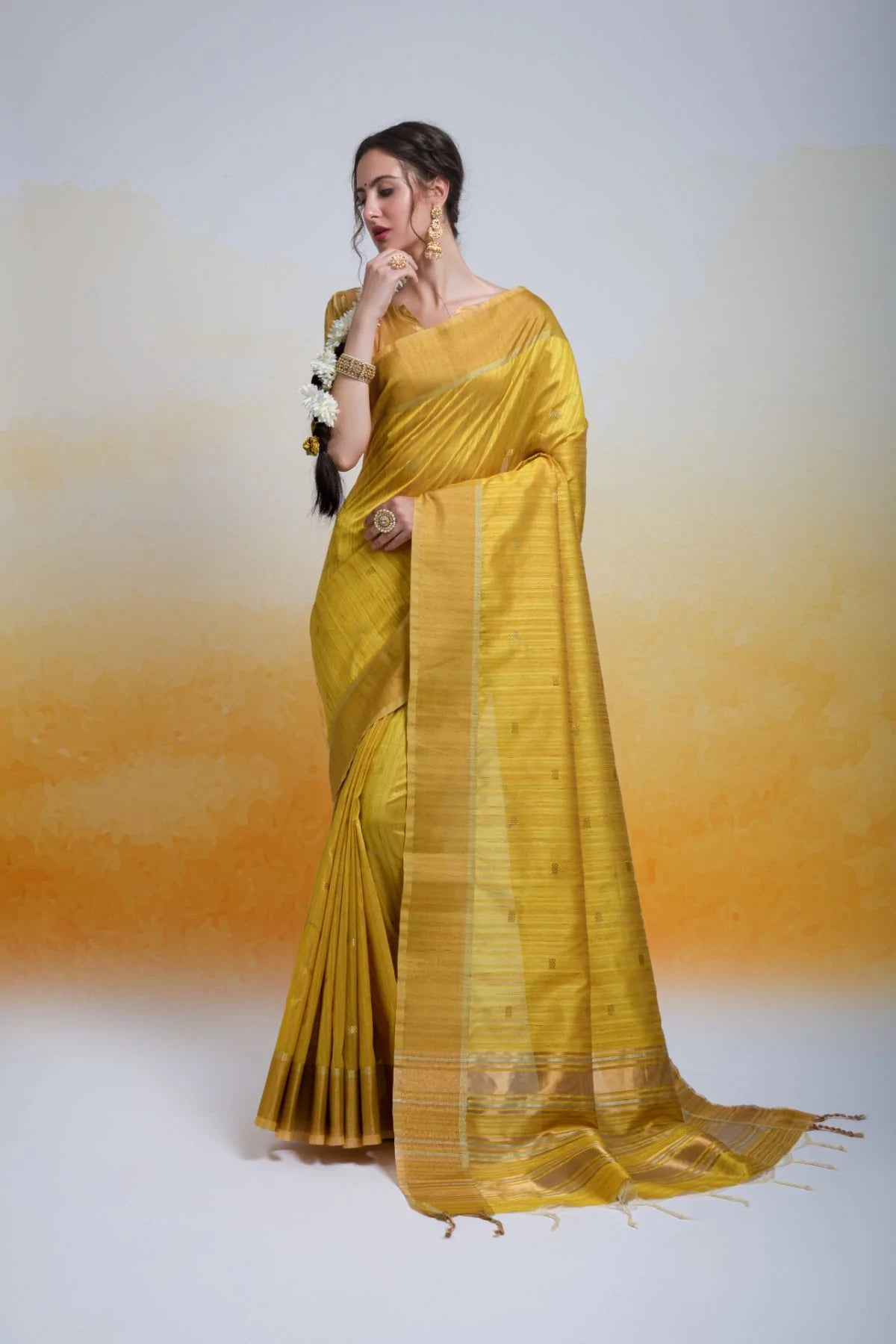 Buy MySilkLove Tussock Yellow Cotton Silk Saree Online