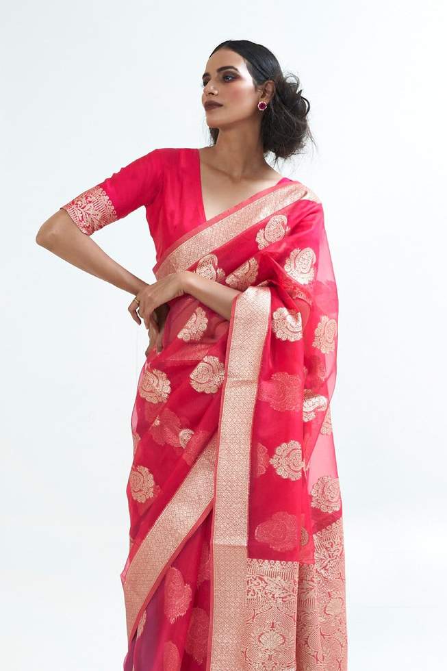 Buy MySilkLove Cardinal Red Organza Silk Saree Online