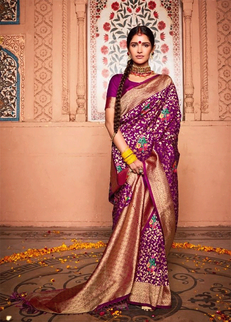 Buy MySilkLove Luster Purple Zari Woven Banarasi Soft Silk Saree Online