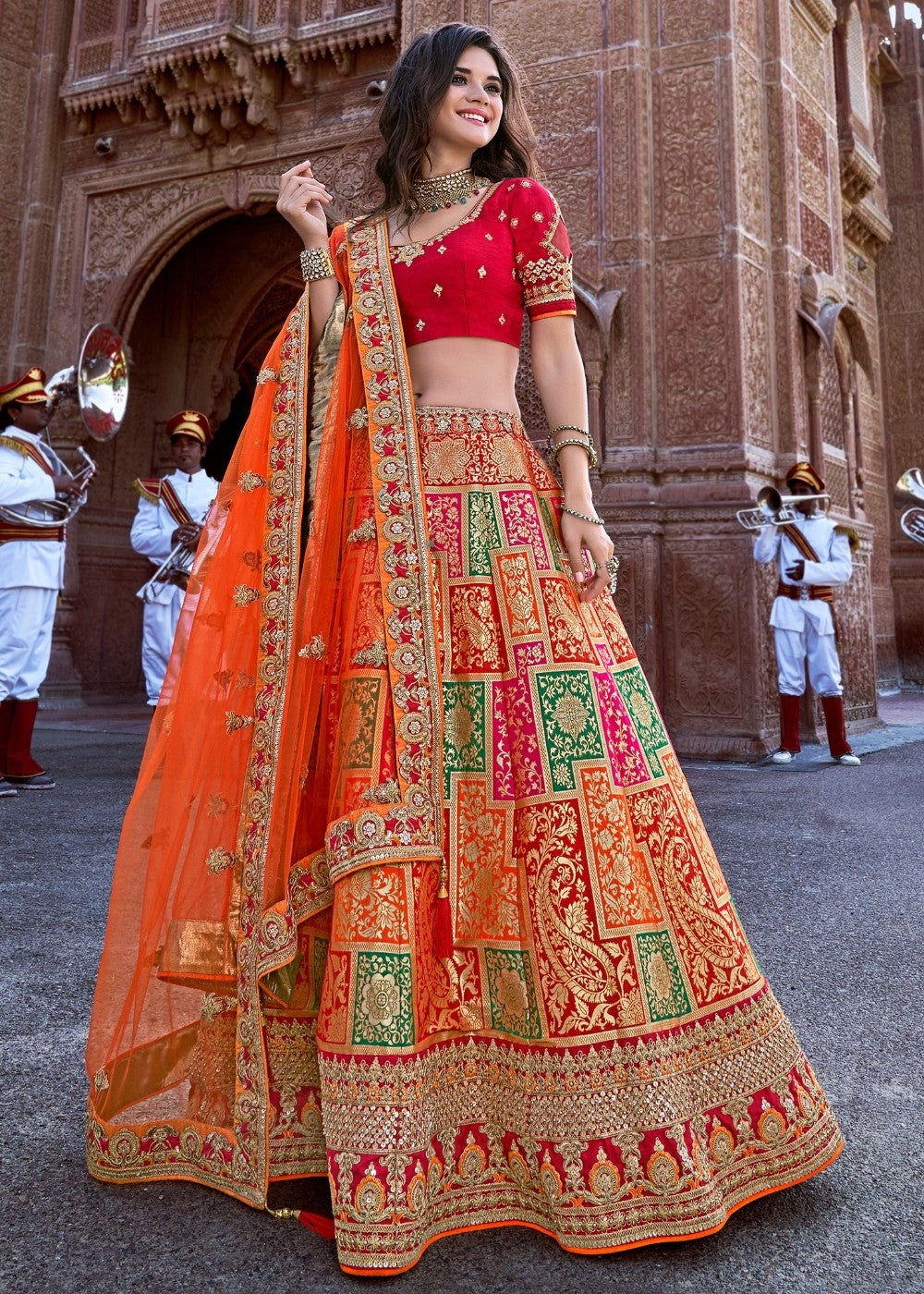 Buy MySilkLove Tia Maria Orange and Red Silk Lehenga Choli Online