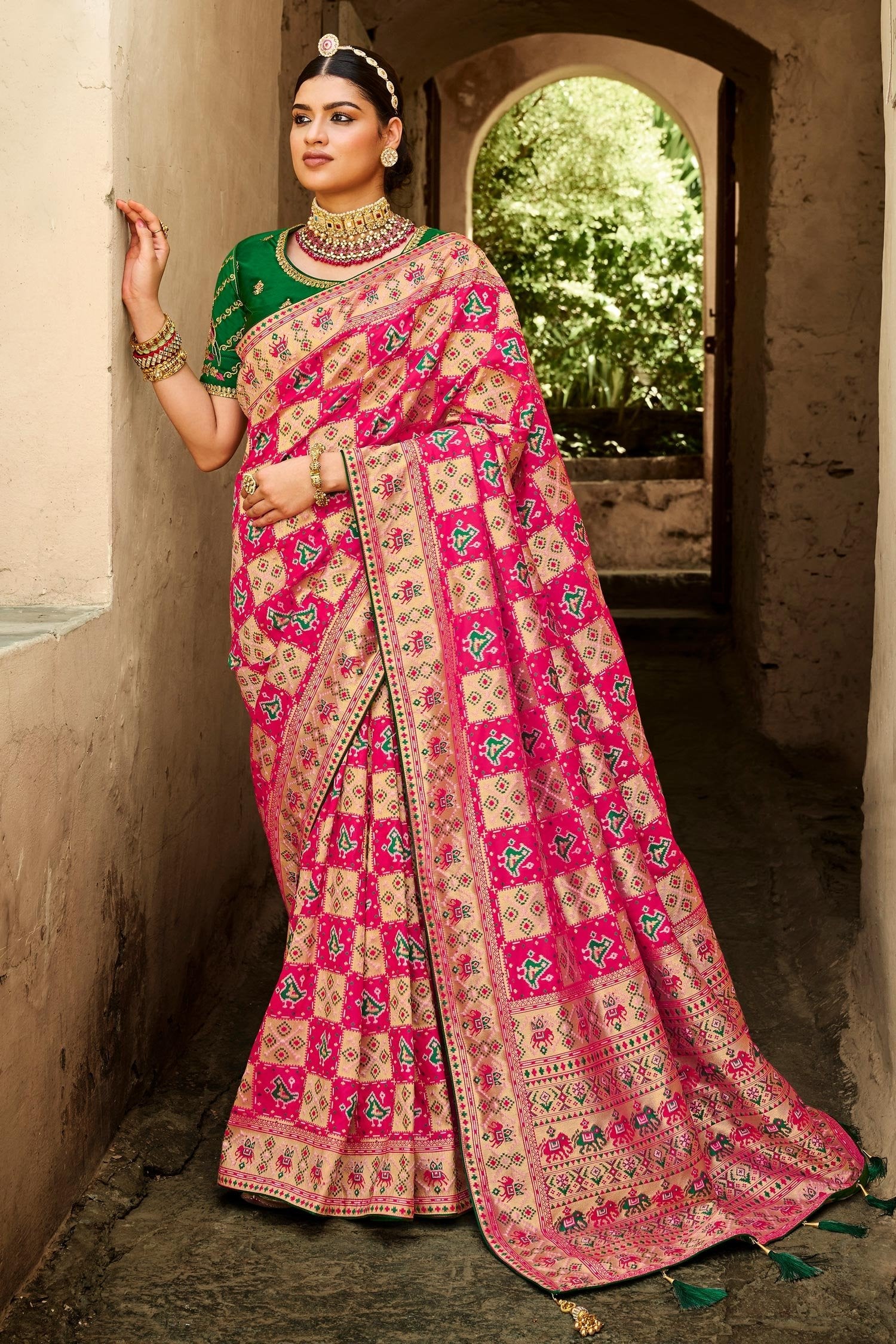 Buy MySilkLove Brink Pink and Green Zari Woven Designer Banarasi Saree Online