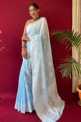 Sky Blue Lucknowi Woven Linen Saree