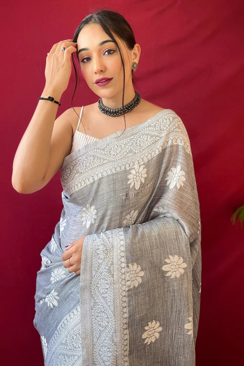 Buy MySilkLove Hit Gray Lucknowi Woven Linen Saree Online