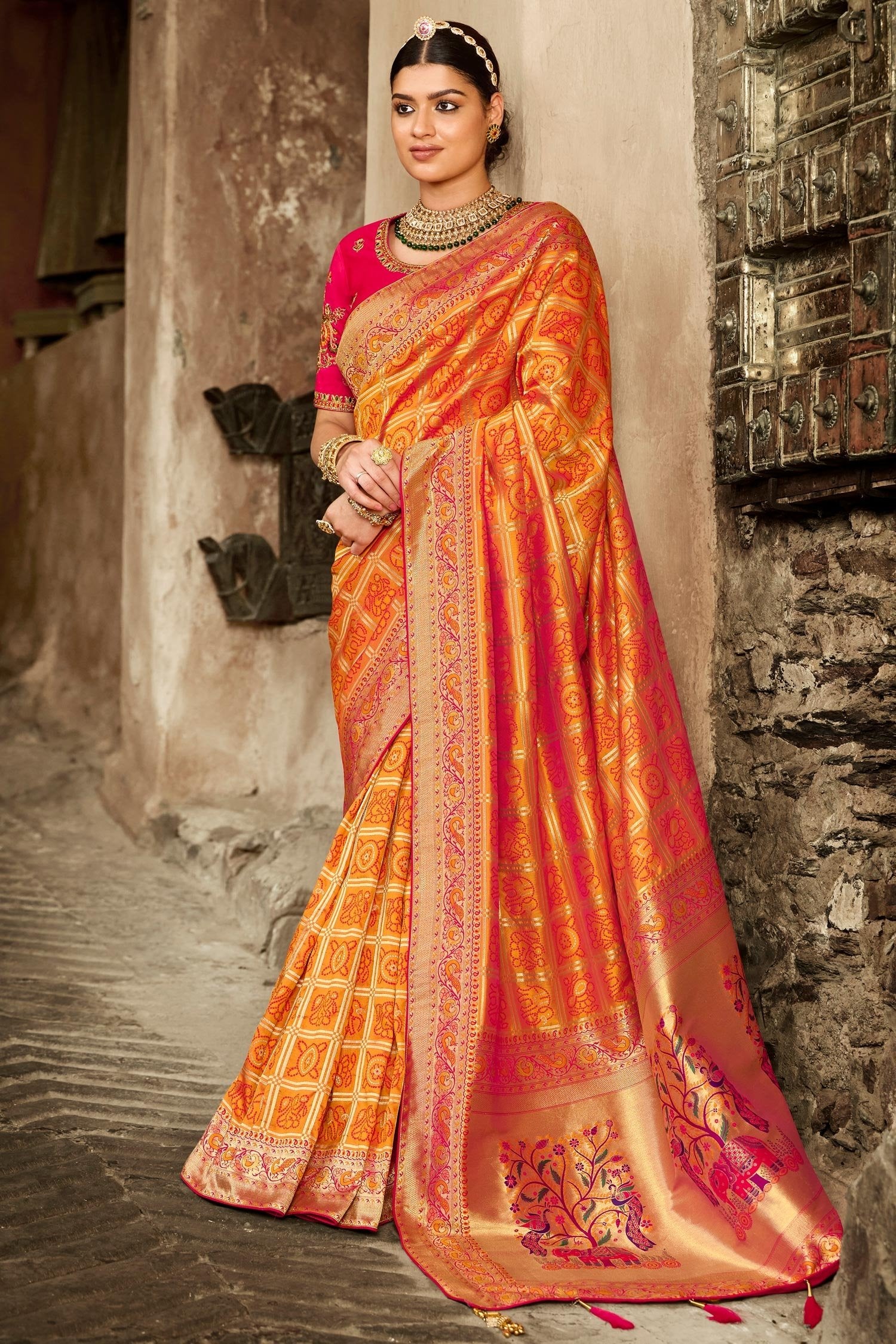 Buy MySilkLove Jaffa Orange and Pink Zari Woven Designer Banarasi Saree Online