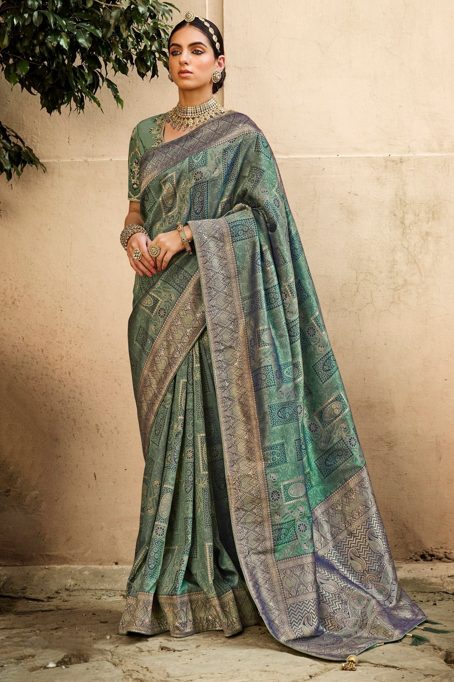 Buy MySilkLove Willow Green Zari Woven Designer Banarasi Saree Online