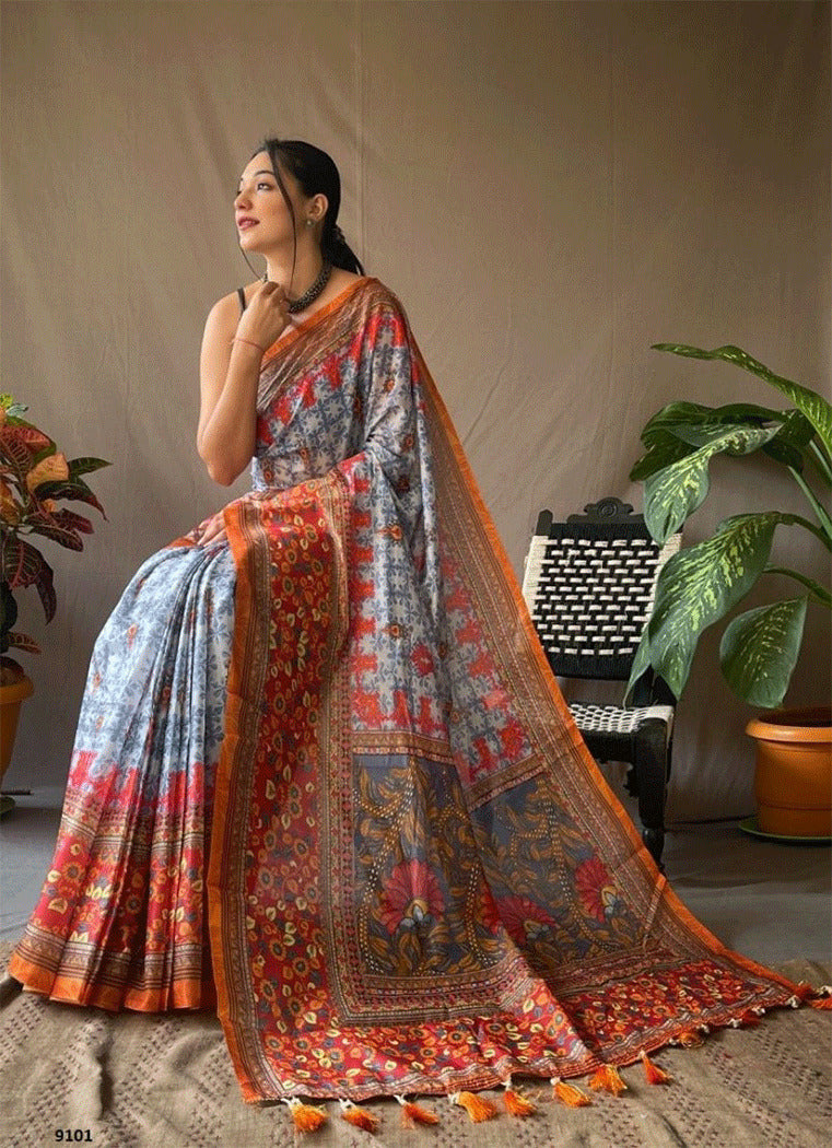 Buy MySilkLove Scorpion Grey and Red Kalamkari Printed Saree Online