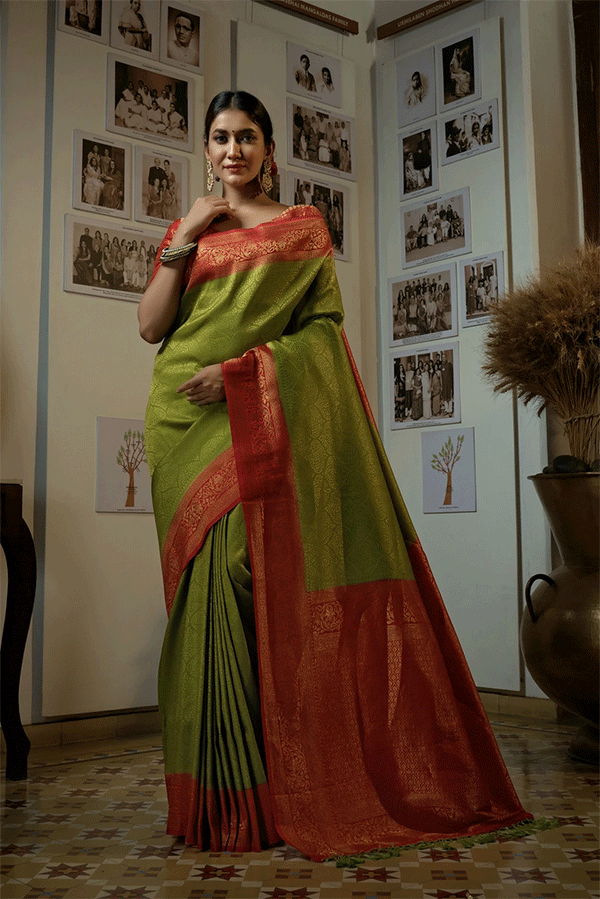 Bronze Olive Green Handloom Woven Kanjivaram Saree