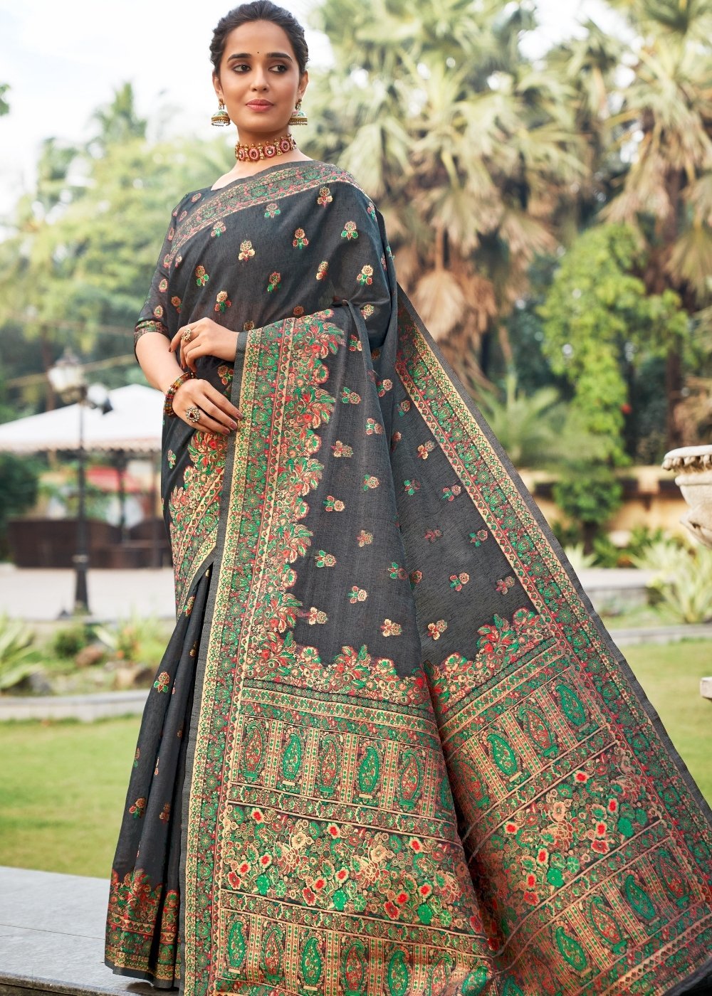 Buy MySilkLove Abbey Grey Kashmiri Weaving Cotton Silk Saree Online