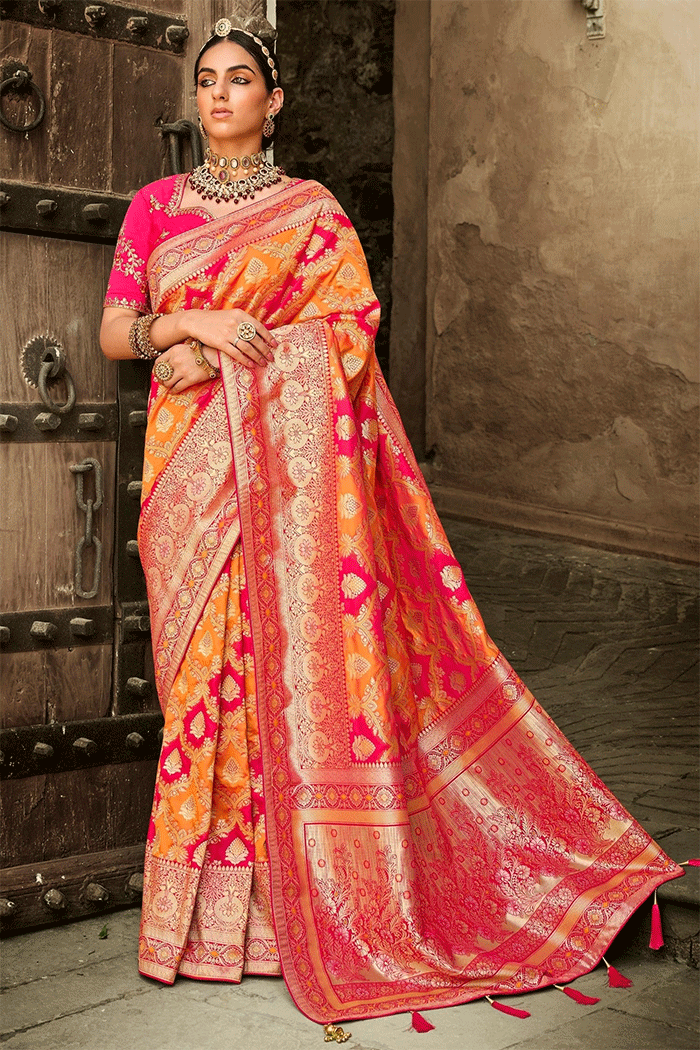 Buy MySilkLove Texas Orange and Pink Zari Woven Banarasi Saree Online