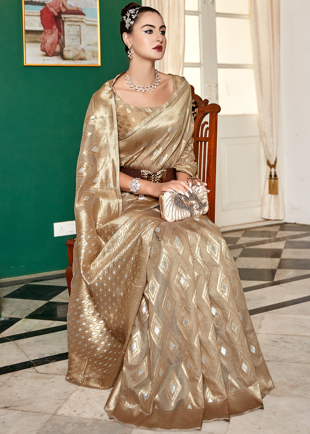 Buy MySilkLove Sorrell Cream Woven Banarasi Cotton Modal Silk Saree Online