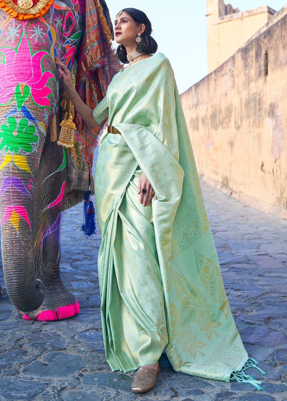 Buy MySilkLove Moss Green kanjivaram Woven Silk Saree Online