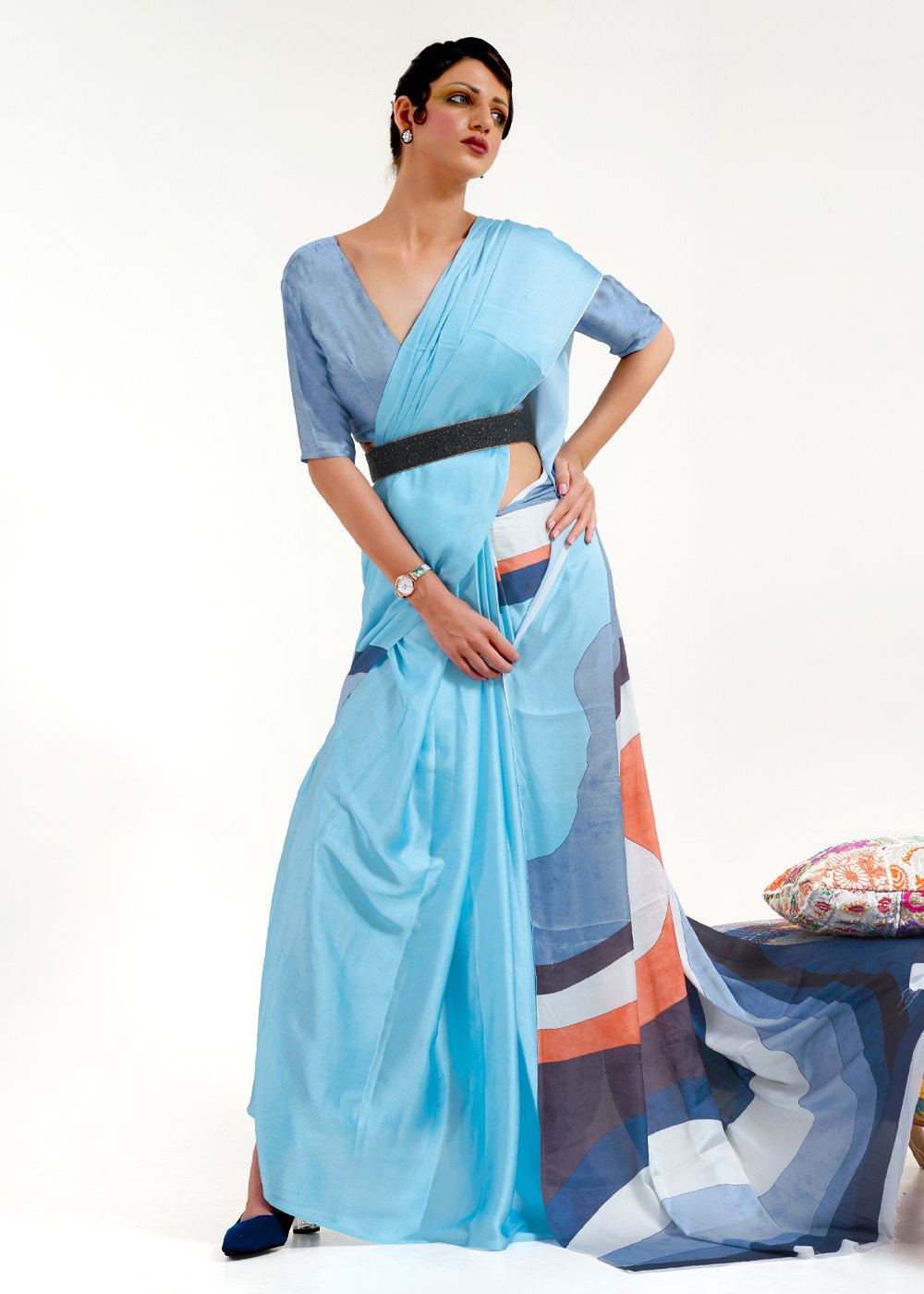Buy MySilkLove Cornflower Blue Printed Satin Silk Saree Online