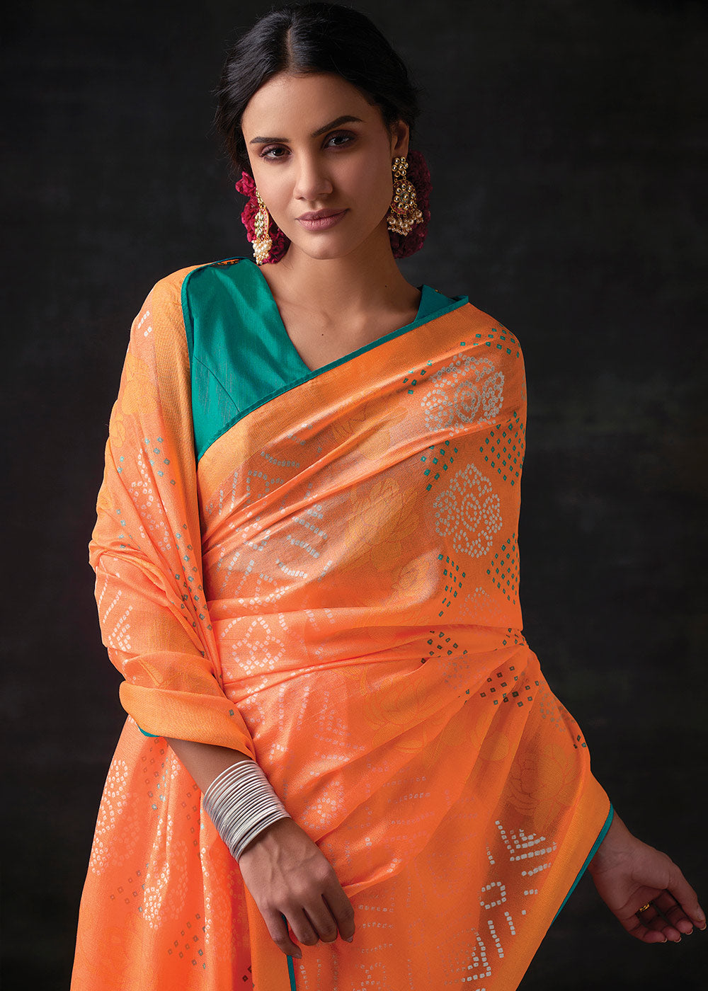 Buy MySilkLove Neon Carrot Orange Bandhani Print Soft Silk Saree Online