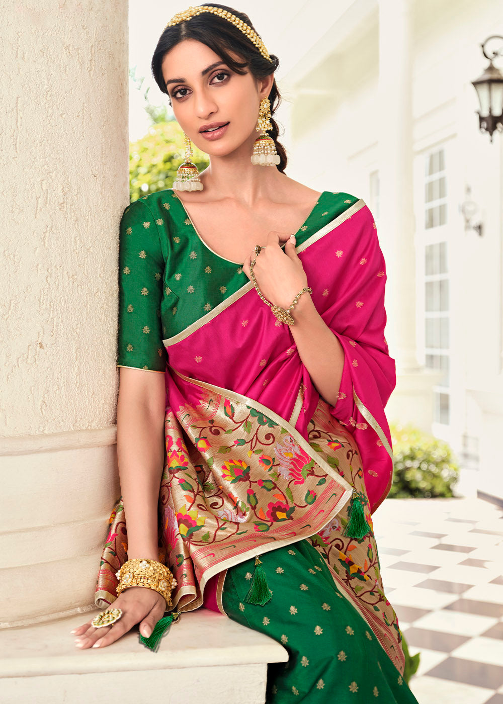 Buy MySilkLove Spring Leaves Green and Pink Banarasi Silk Lehenga Choli Online