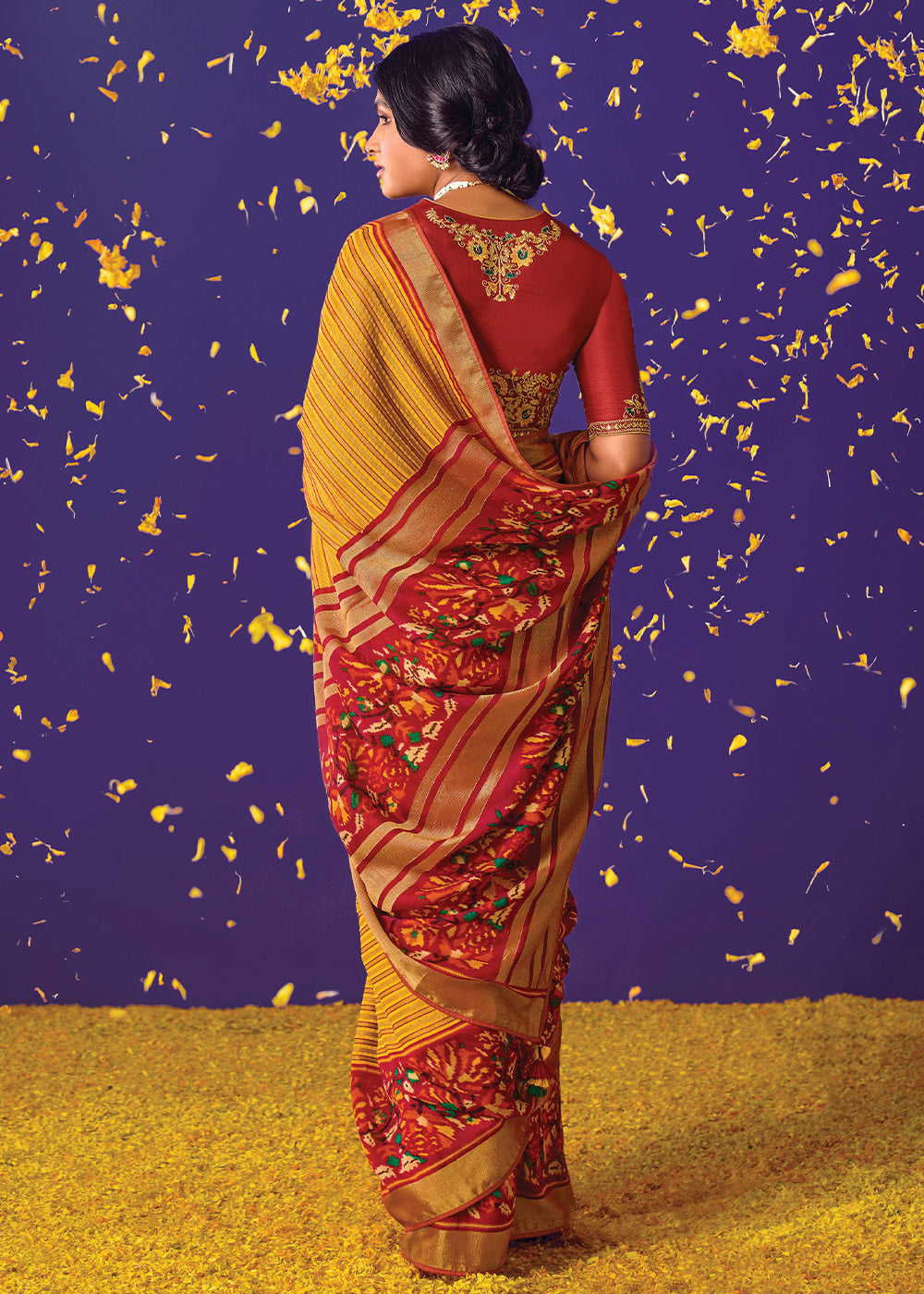 MySilkLove Fire Bush Yellow Printed Paithani Saree With Embroidered Blouse