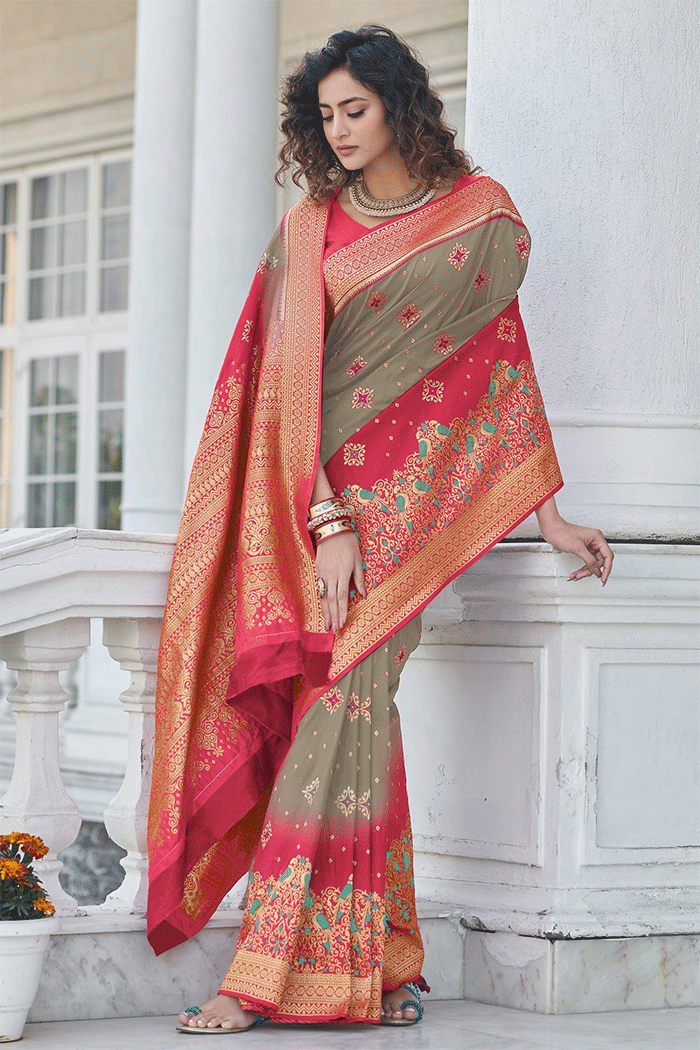 Buy MySilkLove Sand Dune Grey and Red Zari Woven Banarasi Saree Online